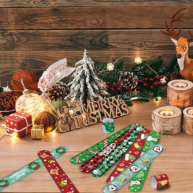 CCINEE 48Pcs Christmas Slap Bracelets，Xmas Slap Wristbands Assorted Christmas Theme Pattern Snap Wristbands for Kids Christmas Party Favors Gift Bag Filler
