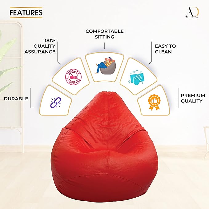 Ample Decor Bean Bag Cover (No Filling), Plush Toys Storage Soft Leatherette, Durable Construction Sturdy Zipper, Ideal for Children and Teenagers - Red
