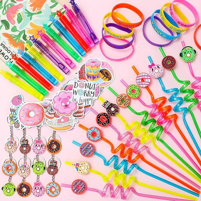 98 Donut Party Favors Two Sweet Birthday Party Supplies for Girls Kids Straw Bubble Silicone Bracelet Keychain Sticker Donut Themed Toy Gift Goodie Bag Stuffer Candyland Party Favors