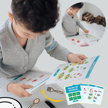 Teamson Kids Little Chef Frankfurt 27 Piece Play Kitchen Tablet with Recipes and Pretend Ingredients and Wooden Food Cutting Set, Multicolor/White , Green