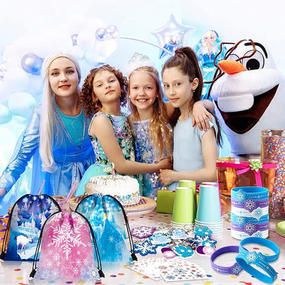 48Pcs Frozen Party Favors Elsa Birthday Supplies Girls, Drawstring Bags Silicone Bracelets Keychain Tattoo Sticker Frozen Goodie Bag Stuffer Filler Elsa Frozen Birthday Party Favors Supplies