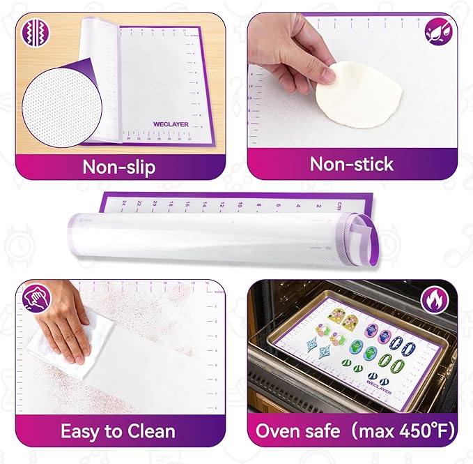 Clay Roller with Thickness Rings and 16" x 12" Silicone Clay Mat with Measurement,Oven-Safe Work Mat with Texture,Reusable Silicone Non-skid Pad,Clay Rolling Pin,Polymer Clay Tools