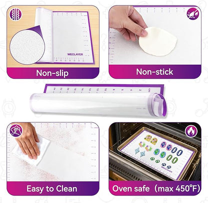 Clay Roller with Thickness Rings and 16" x 12" Silicone Clay Mat with Measurement,Oven-Safe Work Mat with Texture,Reusable Silicone Non-skid Pad,Clay Rolling Pin,Polymer Clay Tools