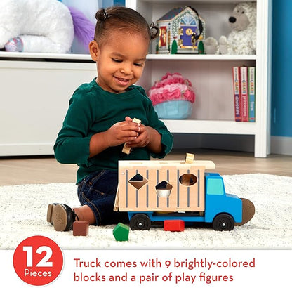 Melissa & Doug Shape-Sorting Wooden Dump Truck Toy, Quality Craftsmanship, 9 Colorful Shapes and 2 Play Figures, 7.5' H X 10.75' W X 4.75' L