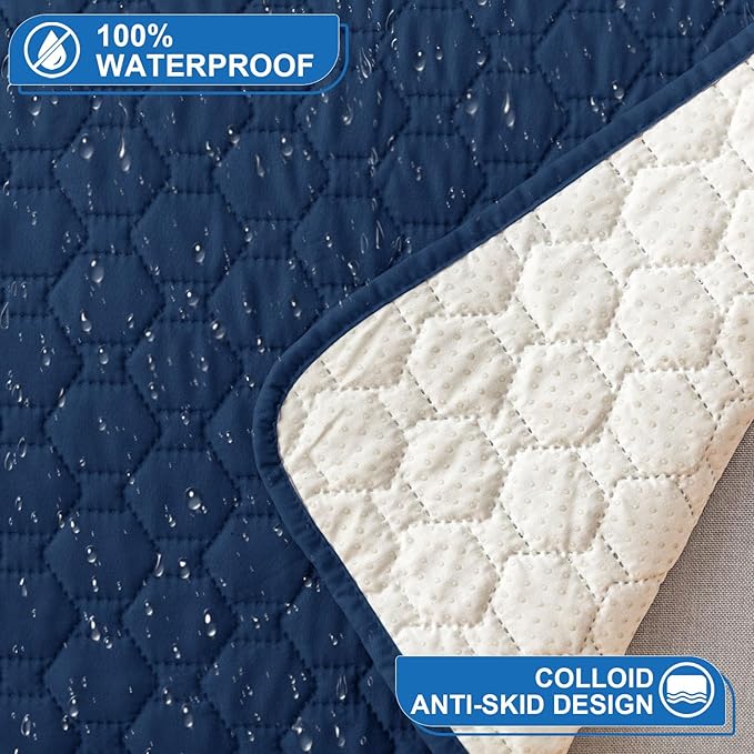 100% Waterproof Recliner Chair Covers That Stay in Place, Non-Slip Recliner Cover with 5 Pockets, Elastic Straps, Washable Reclining Chair Protector for Kids, Pets, Dogs, Dark Blue