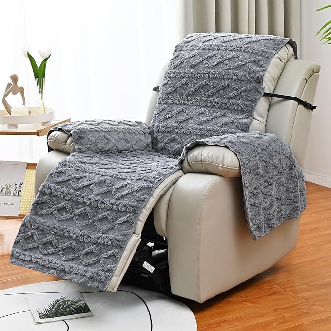 vctops Geometric Jacquard Plush Recliner Chair Cover Soft Fuzzy Fluffy Reclining Chair/Furniture Protector with Elastic Straps for Kids, Pets(Grey,21.7")