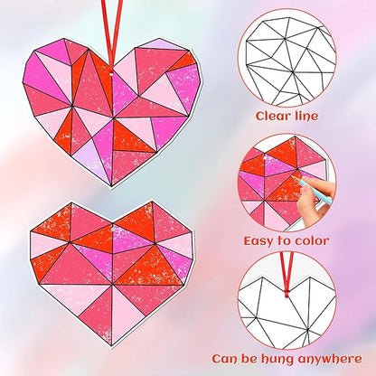 BeYumi 83Pcs Color Your Own Valentine's Day Heart Kit for Kids DIY Coloring Craft Kit Coloring Valentine Heart Ornament Geometric Love Card School Classroom Valentine Party Activity Art Craft Project