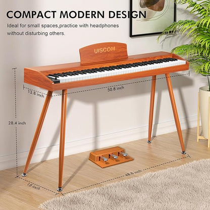 UISCOM Digital Piano Keyboard 88 Key Semi-Weighted for Beginners,Full Size Electric Piano with Stand,Triple Pedal,Adapter,Sheet Music Stand,Headphone,USB-MIDI Compatible,Wood Brown
