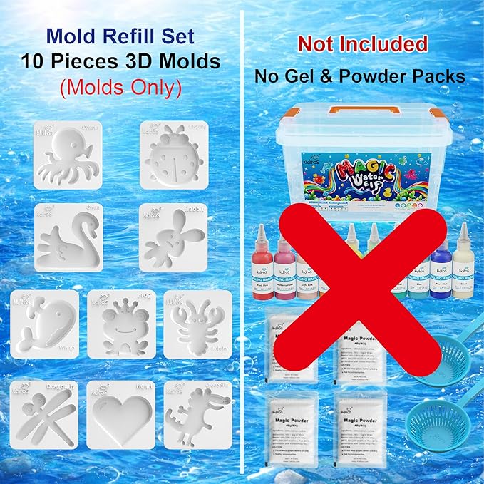 Kiditos Magic Water Elf Mixed Cute Mold Set – 10 Reusable BPA Free Plastic Shapes for Creating Colorful Water Elves, STEM Craft Toy for Kids