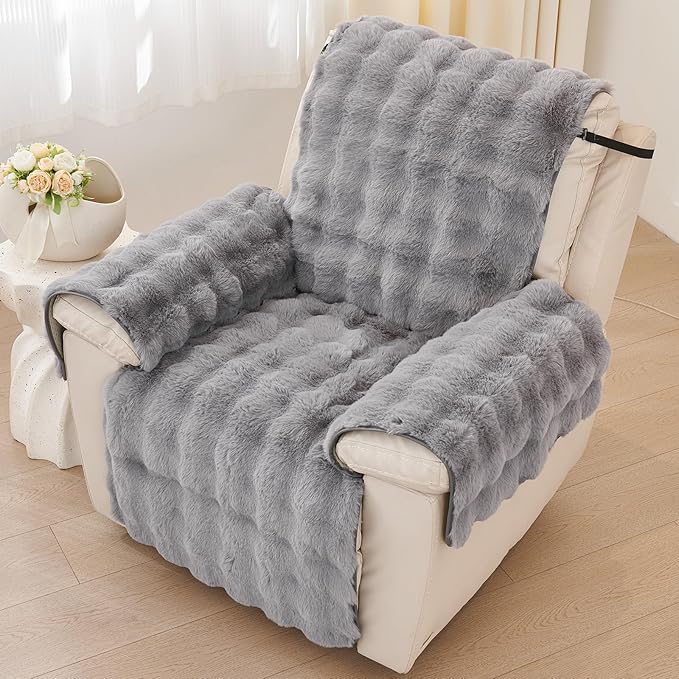 vctops Faux Fur Fluffy Recliner Chair Slipcover Faux Rabbit Fur Non Slip Sofa Cover Super Soft Plush Thick Couch Cover Furniture Protector with Elastic Straps for Kids, Dogs, Pets(Mid Grey,24")
