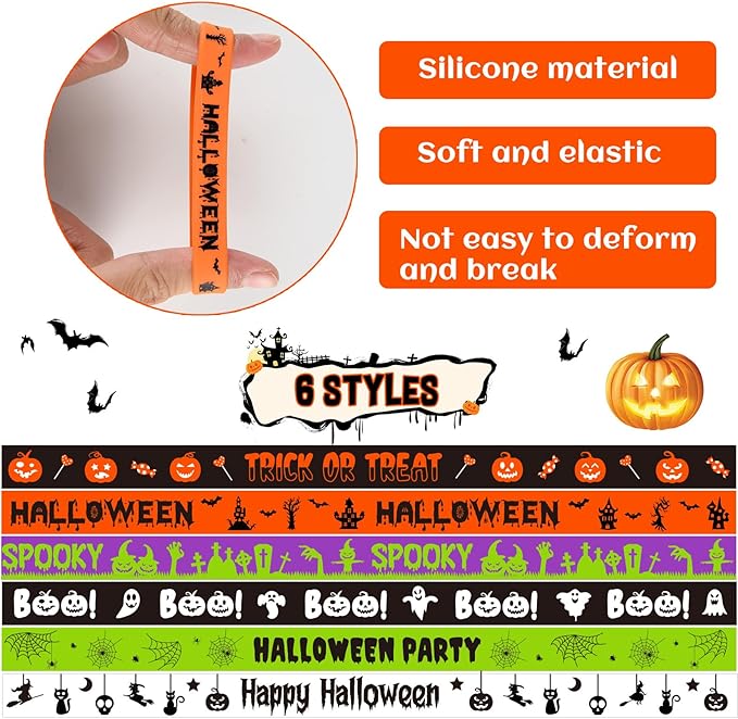 NEBURORA 48 Pcs Halloween Rubber Bracelets Silicone Wristbands Halloween Party Favors Trick or Treat Gifts Goodie Bag Stuffers