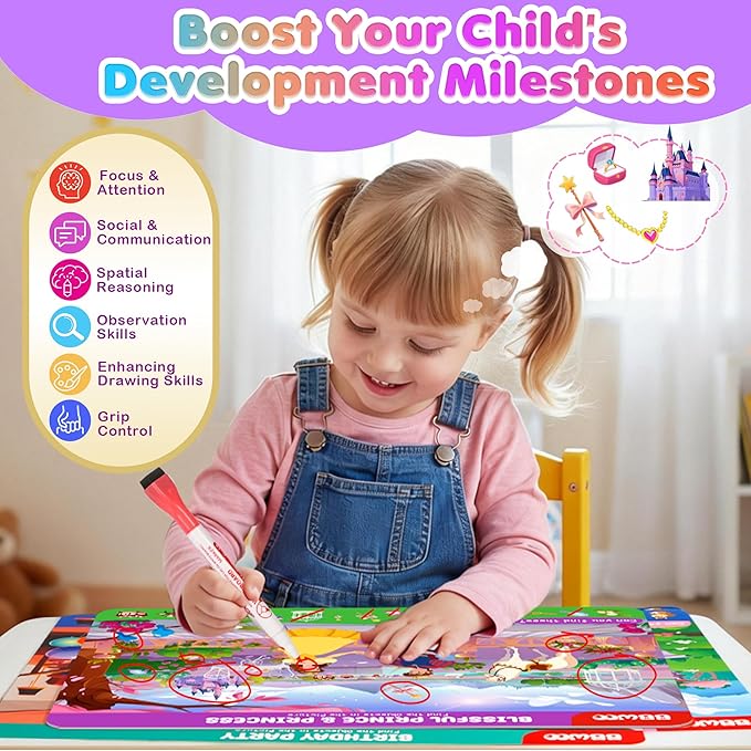 Search and Find Activity Books for Kids Ages 3-5, 2 In 1 Princess Preschool Educational Seek Game Coloring Books, Travel Games Toys for Car Airplane, Road Trip Activities for Kids, Birthday Gifts