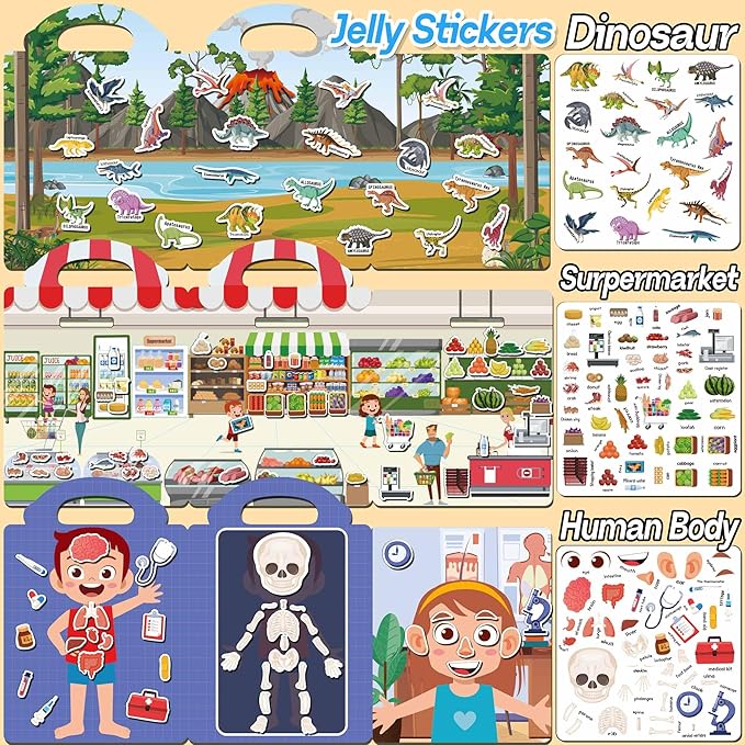 iGetooy 6 Sets Reusable Sticker Book for Toddlers 1-3, Jelly Sticker Books for Toddlers 2-4 Years, Toddler Travel Toys for Kids 2 3 4 Year Old Girls Boys
