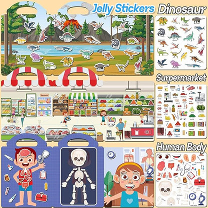iGetooy 6 Sets Reusable Sticker Book for Toddlers 1-3, Jelly Sticker Books for Toddlers 2-4 Years, Toddler Travel Toys for Kids 2 3 4 Year Old Girls Boys
