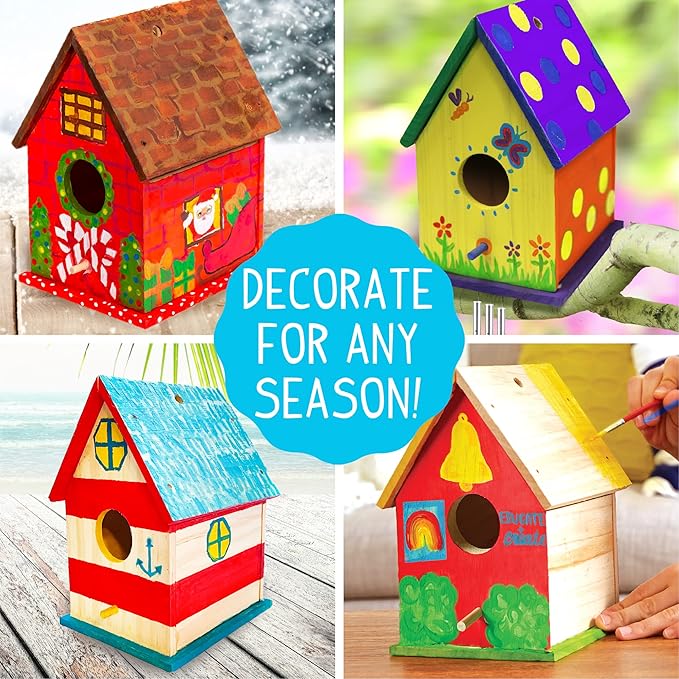Made By Me Build & Paint Your Own Wooden Bird House Horizon Group USA, DIY Birdhouse Making Kit, Includes Paints, Brushes, Glue & Wind Chimes, Multicolor (46090F)