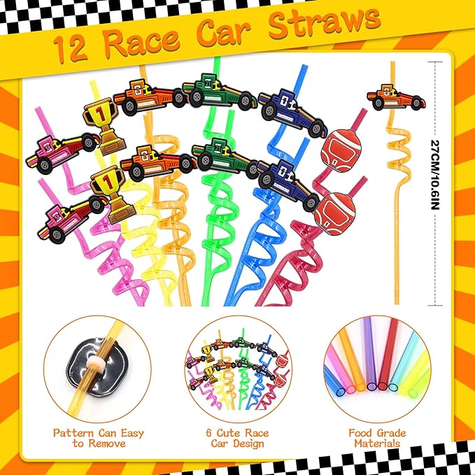 110 PCS Race Car Party Favors Birthday Supplies with Drinking Straws, Silicone Bracelets, Bubble Wands, Keychains, and Racing Car Pinata for Boys Goodie Bag Stuffers