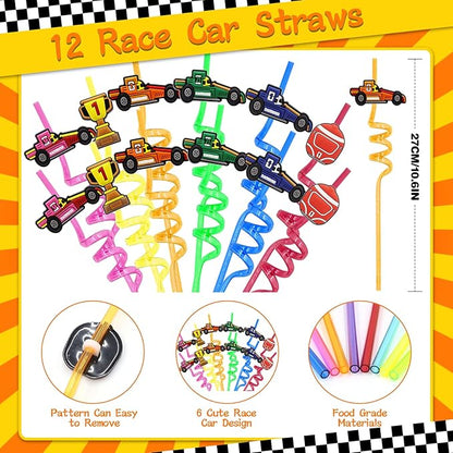 110 PCS Race Car Party Favors Birthday Supplies with Drinking Straws, Silicone Bracelets, Bubble Wands, Keychains, and Racing Car Pinata for Boys Goodie Bag Stuffers