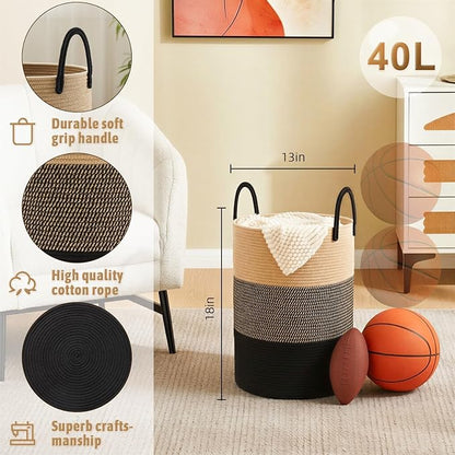 Artfeel Laundry Basket,Woven Cotton Rope Laundry Hamper,40L for Decorative Storage of Dirty Clothes,Toys and Blankets in Bathroom,Bedroom and Living Room