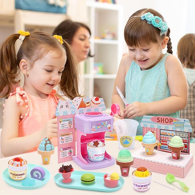CUTE STONE Color Changing Ice Cream Play Set, Tea Party Set for Little Girls with Toy Ice Cream, Play Desserts, Play Food and Accessories，Kids Kitchen Pretend Play for Girls Boys