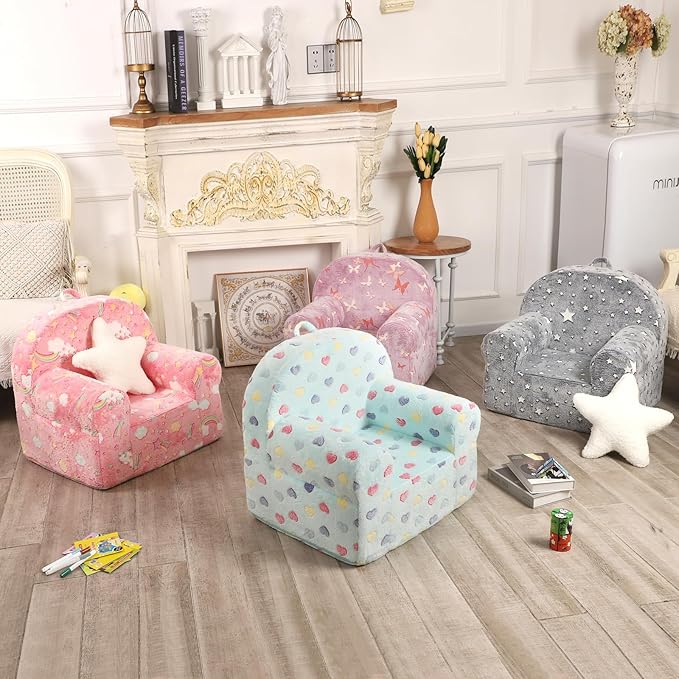 Colorful Heart Kids Sofa with Star Throw Pillow, High Back Toddler Chair Glow in The Dark for Boys and Girls, Lake Blue