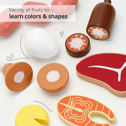 PairPear Wooden Toys Play Food Sets for Kids Kitchen, Kids Toy Food Cutting Meat Set for Toddlers 3+ Years Old, Pretend Food Play Kitchen Accessories for Girls and Boys