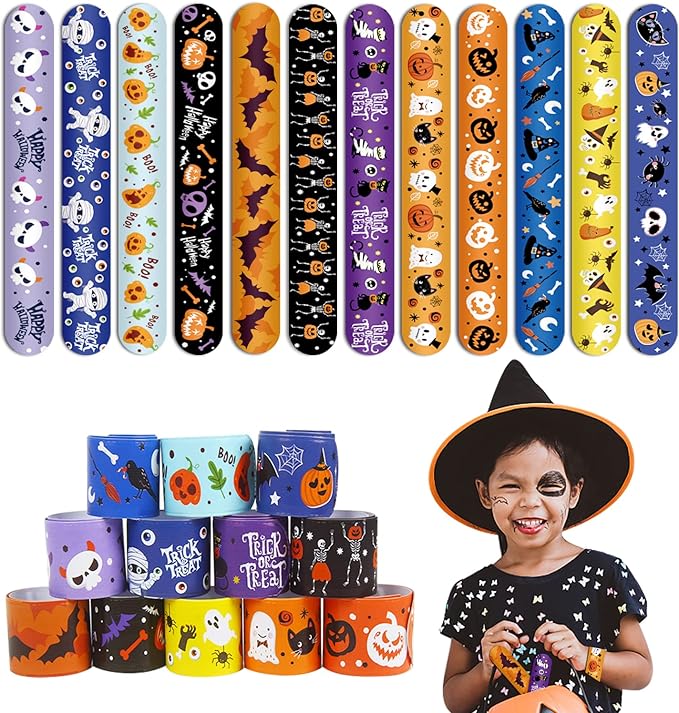 CCINEE 48pcs Halloween Slap Bracelets,Kids Snap Bracelet Wristbands with Assorted Bulk Pumpkin Zombie Skull Ghost Witches for Trick or Treat Gift Bag Filler Party Favors Toy Supplies