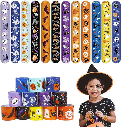 CCINEE 48pcs Halloween Slap Bracelets,Kids Snap Bracelet Wristbands with Assorted Bulk Pumpkin Zombie Skull Ghost Witches for Trick or Treat Gift Bag Filler Party Favors Toy Supplies