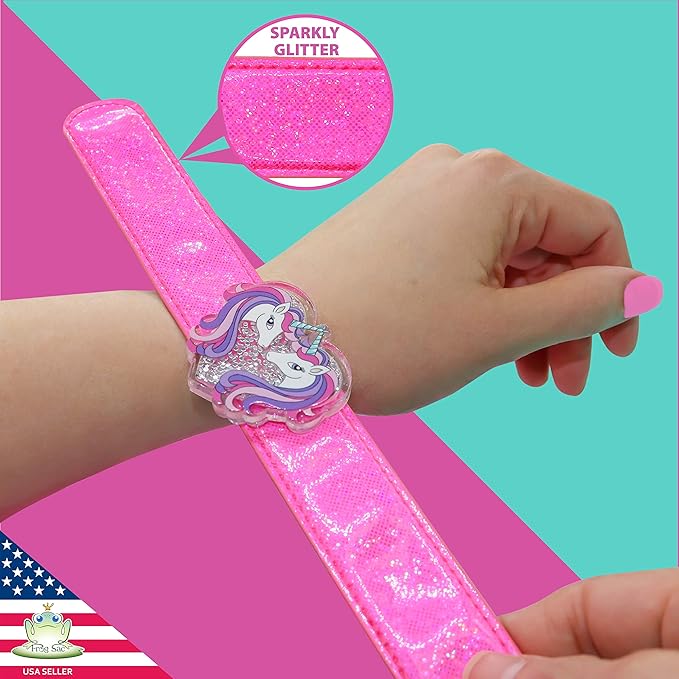 FROG SAC Unicorn Slap Bracelet for Kids with Glitter Shaker Charm, Unicorn Charms Glitter Snap Bracelets for Girls, Unicorn Toy Wristbands, Girl Birthday Party Favors, Stocking Stuffers