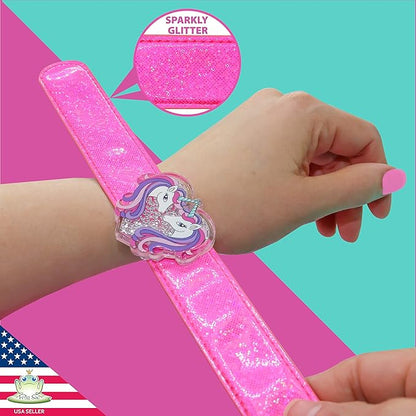 FROG SAC Unicorn Slap Bracelet for Kids with Glitter Shaker Charm, Unicorn Charms Glitter Snap Bracelets for Girls, Unicorn Toy Wristbands, Girl Birthday Party Favors, Stocking Stuffers