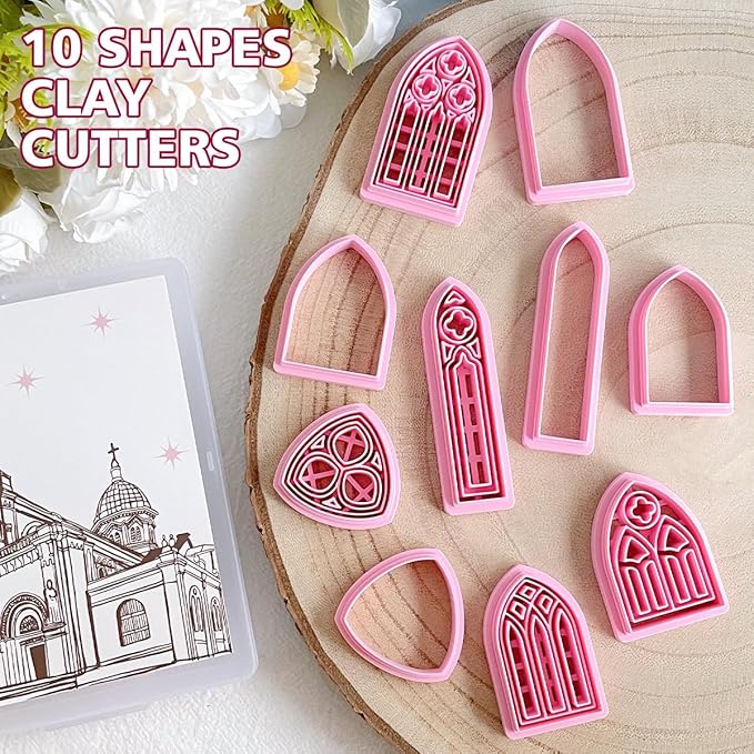 Keoker Gothic Window Clay Cutters, Frame Clay Cutters for Polymer Clay Jewelry, Cathedral Window Polymer Clay Cutters, Clay Earring Cutters, 10 Shapes Earring Cutters for Polymer Clay
