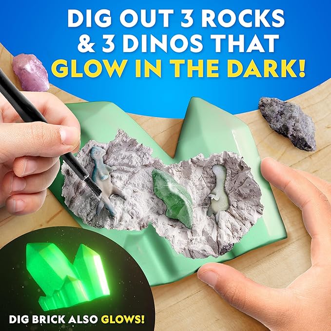 National Geographic Glow in The Dark Dig Kit - Excavate 6 Glow in The Dark Rocks & Dinosaurs from a Glowing Brick, Rock Collection, Science Kits for Kids, Rock Kit for Kids, STEM Kits, Dinosaur Toys