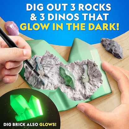 National Geographic Glow in The Dark Dig Kit - Excavate 6 Glow in The Dark Rocks & Dinosaurs from a Glowing Brick, Rock Collection, Science Kits for Kids, Rock Kit for Kids, STEM Kits, Dinosaur Toys