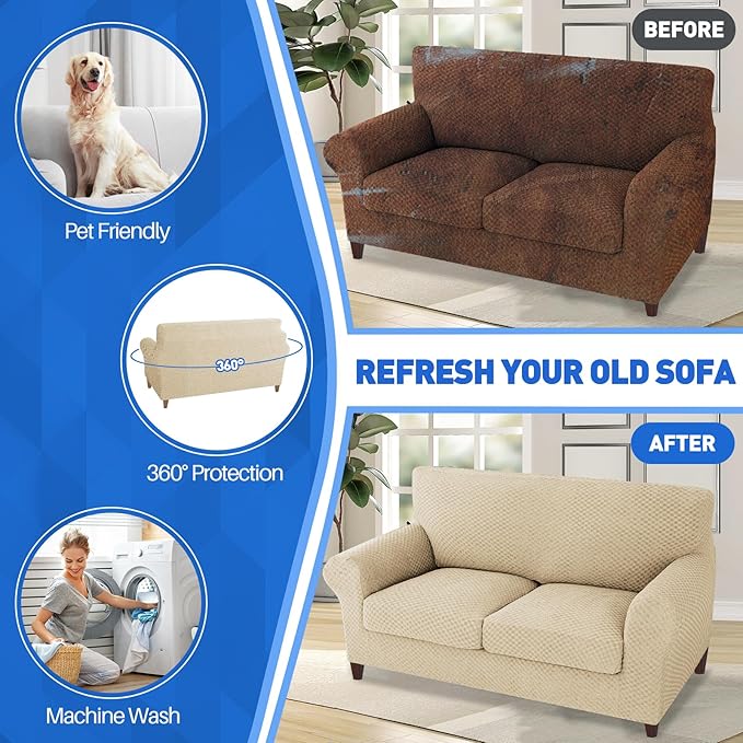 MAXIJIN 3 Piece Jacquard Couch Covers for 2 Cushion Couch Stretch Non Slip Love Seat Couch Cover for Dogs Pet Friendly Elastic Furniture Protector Loveseat Slipcovers (Loveseat, Light Beige)