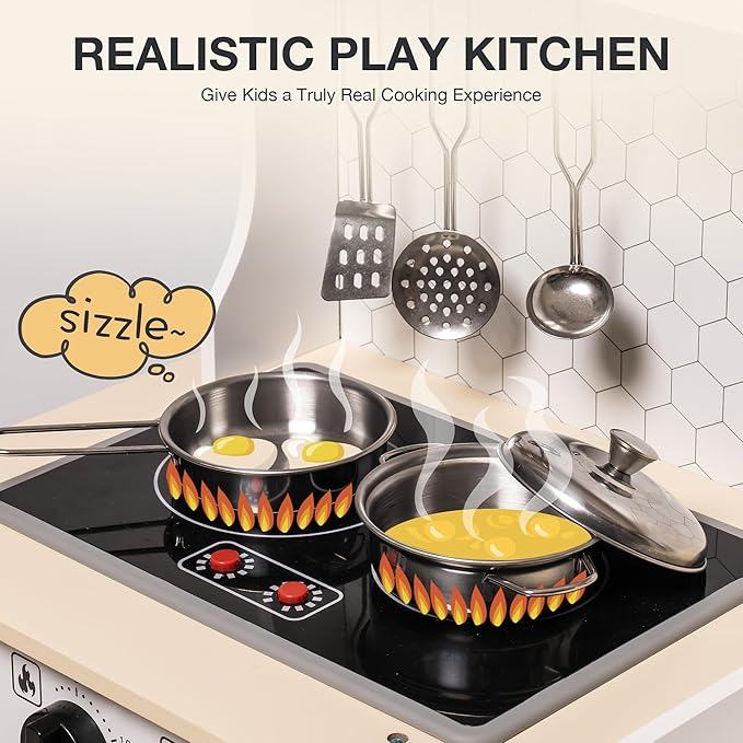 ROBOTIME Wooden Play Kitchen, Kids & Toddlers Kitchen Playset, Kids Play Kitchen Pretend Play Set with Lights & Sounds, Toy Kitchen for Ages 3+ (Gray)