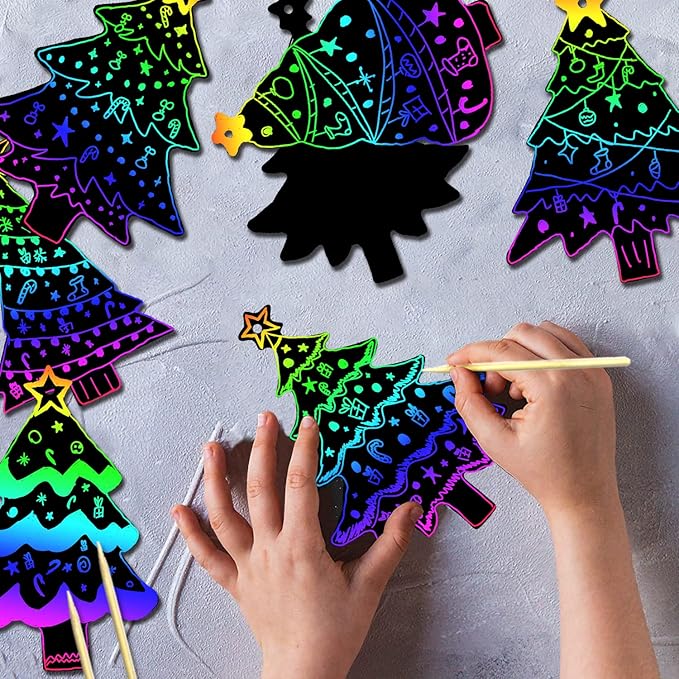 96Pcs Christmas Tree Scratch Paper Rainbow Color Scratch Ornaments Christmas Decorations Hanging Craft Art Kits with Wooden Stick and Ribbon for Kids Christmas Winter Party Favors