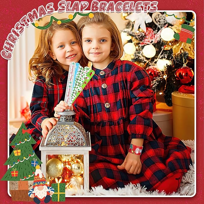 LovesTown 64PCS Christmas Slap Bracelets for Kids, Christmas Snap Bracelets Bulk Christmas Slap Wristbands for Stocking Stuffers Goodie Bag Fillers