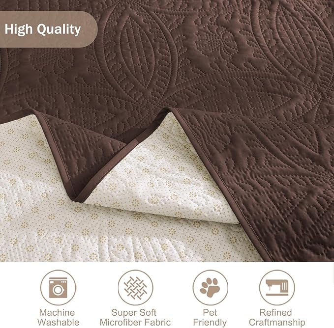 Quilted Sofa Slipcovers with Pockets, Medallion Designed Anti-Slip Couch Covers for 3 Cushion Sofa, Couch Cover for Dogs Cats Water-Repellent Machine Washable (Large Sofa 68", Chocolate)