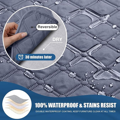 TAOCOCO 100% Waterproof Recliner Covers, Recliner Sofa Covers with Leg Straps, Reversible Recliner Couch Cover for Reclining Chair, Washable Couch Protector for Pets Kids(2 Seater, Bluish Gray)