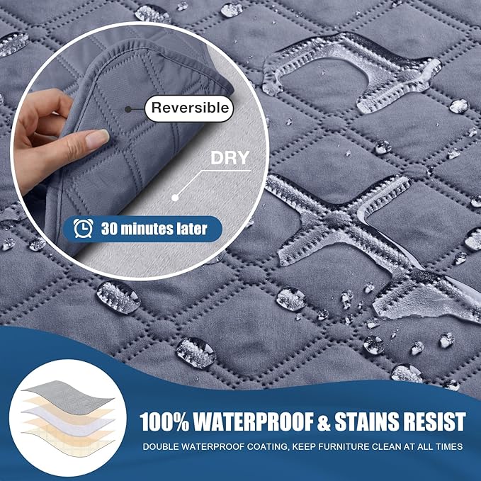 TAOCOCO 100% Waterproof Recliner Covers, Recliner Sofa Covers with Leg Straps, Reversible Recliner Couch Cover for Reclining Chair, Washable Couch Protector for Pets Kids(1 Seater 22", Bluish Gray)