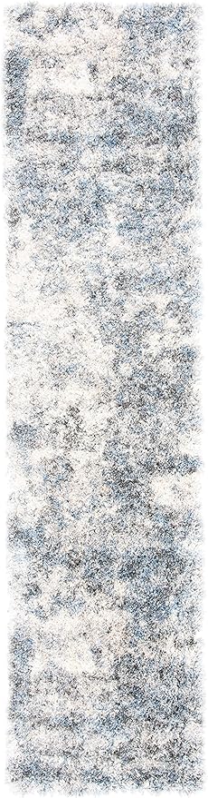 SAFAVIEH Berber Shag Collection Runner Rug - 2' x 12', Ivory & Blue, Modern Abstract Design, Non-Shedding & Easy Care, 1.2-inch Thick Ideal for High Traffic Areas in Living Room, Bedroom (BER274B)
