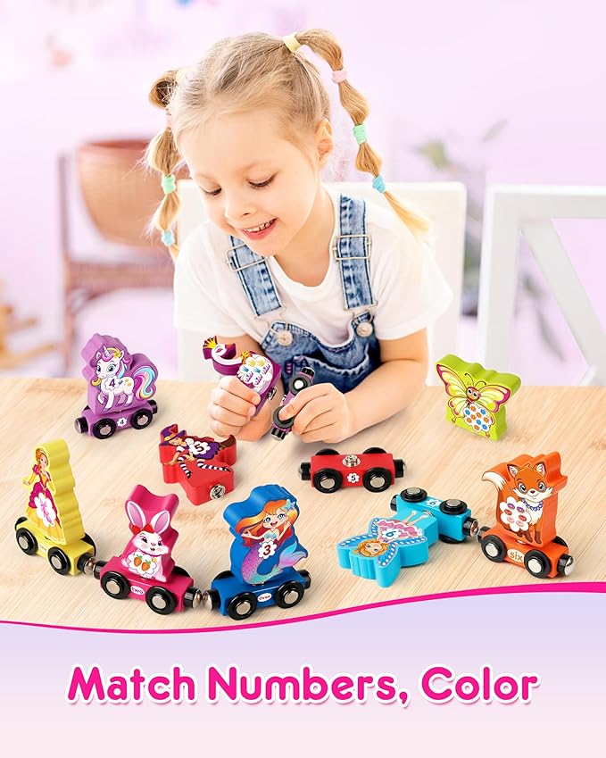 Helsort Wooden Number Train Set for Toddlers, Magnetic Unicorn Trains Toys, Numbers Matching Game for Ages3-5, Toddler Learning Toys, Fine Motor Skills Preschool Activities Birthday Gifts for Girls