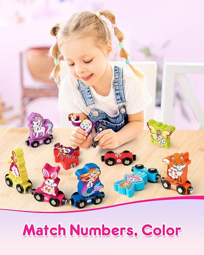 Helsort Wooden Number Train Set for Toddlers, Magnetic Unicorn Trains Toys, Numbers Matching Game for Ages3-5, Toddler Learning Toys, Fine Motor Skills Preschool Activities Birthday Gifts for Girls