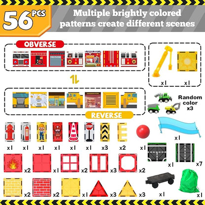 Magnetic Tiles for Kids, 56PCS Construction Magnet Tiles with Fire Truck Station, Building, Road, Crane, Car Truck - STEM Magnetic Blocks for Kids Ages 4-8, Toys for 4 5 Year Old Boys Birthday Gifts