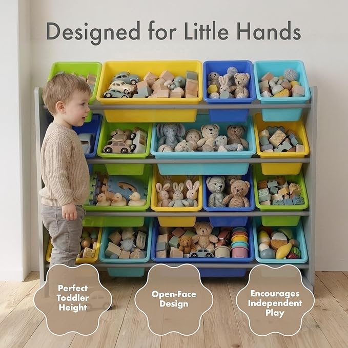 Humble Crew Toy Storage Organizer with 16 Removable Storage Bins for Kids Playroom, 4-Tier Toddler Toy Organization and Storage, Grey/Blue/Green/Yellow
