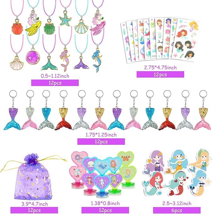 90 PCS Mermaid Party Favors for Girls Mermaid Birthday Supplies Bracelets Stampers Necklaces Rings Keychains Tattoo Stickers Post-it Notes Goodie Bags for Mermaid Birthday Party Supplies (Mermaid)