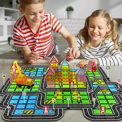 Magnetic Tiles Road Set Kids Toys, Magnetic City Construction Toys With Magnetic Crane for 3+ Year Old Boys Girls, Magnetic Blocks Building Toys STEM Toddlers Toys Magnetic Tiles for Kids Ages 3-5 4-8