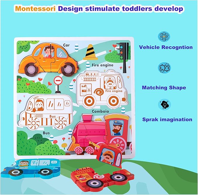 Wooden Puzzles for Toddlers 1-3, Jumbo Base Vehicle Puzzles 2-4,Toddler Boys Toys Birthday Gifts
