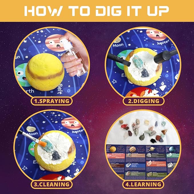 Gemstone Dig Kit, Dig up 30 Rocks & Minerals from 6 Solar System Planets, Archaeology Geology Science Experiment Activity Set, Space Explore Mining Toy for Kids, Gift for Boys & Girls Age 6-8-12