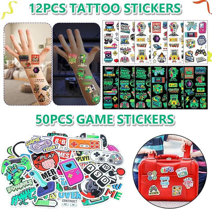 146Pcs Video Game Party Favors Birthday Supplies, Cup VIP Pass with Lanyard Straw Silicone Bracelet Keychain Stamper Tattoo Sticker Kids Gamer Birthday Party Favors Gaming Game On Goodies Bags