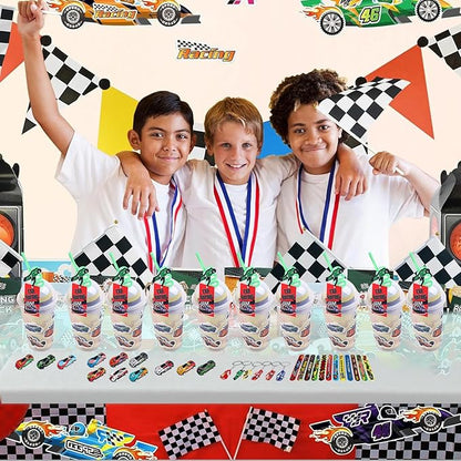 128 Pcs Race Car Party Favors, Race Car Birthday Party Decoration, Christmas Race Car Party Decoration, Including Cup Straw Buckle Bracelet Mini Car Stickers Keychain For New Year Gifts Party Supplies
